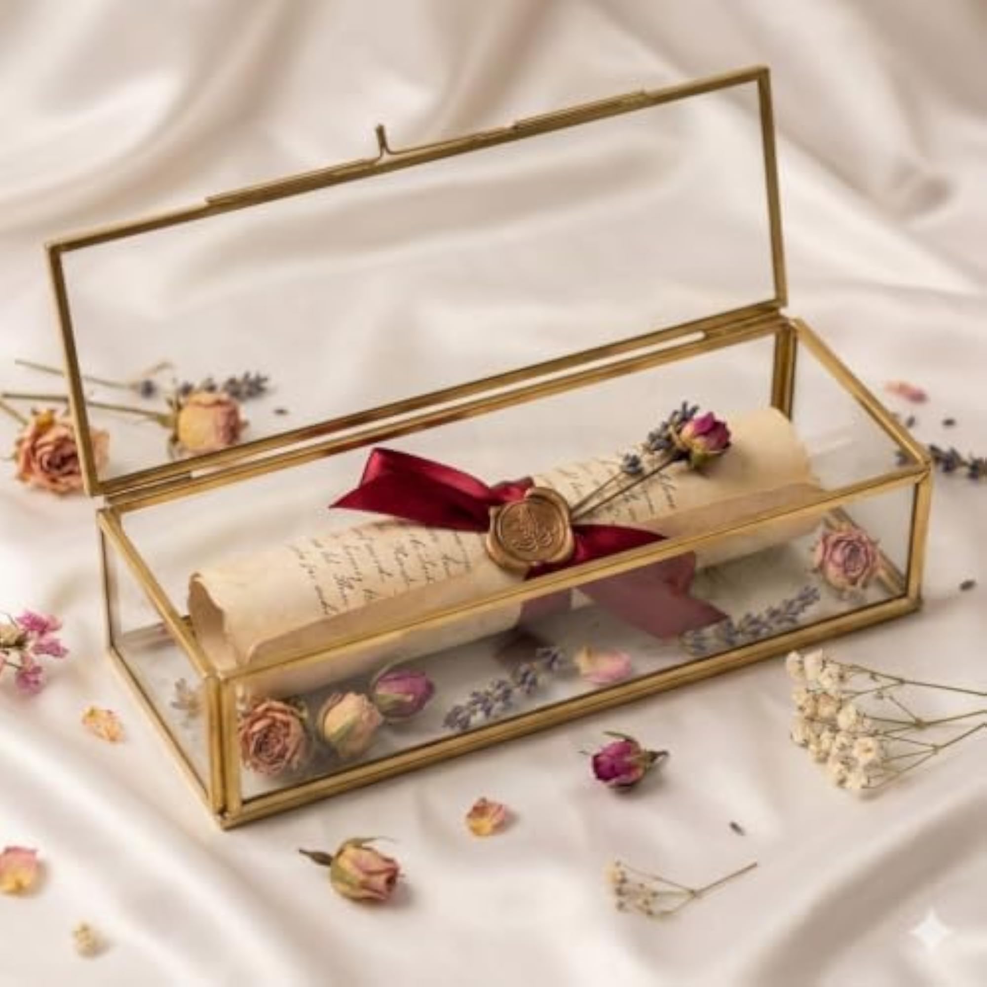 Glass Jewelry Box Invitation Box in Shiny Gold and Clear Glass