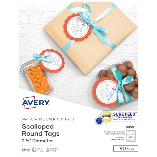 Avery Printable Blank Scallop Round Gift Tags with Sure Feed, 2.5' Diameter, Textured White, 90 Customizable Tags (80511)