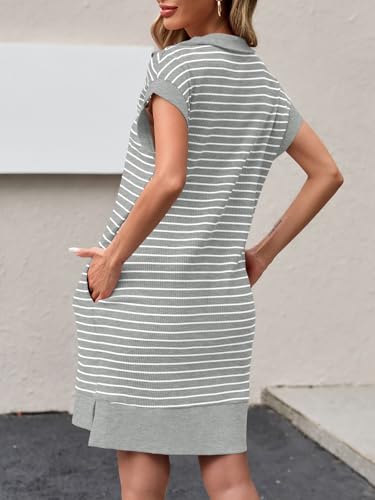 Image of Wenrine Womens Striped Mini Dress Casual Zipper Cap Sleeve Collared V Neck Loose Knit Summer Dresses