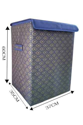 Image of QUAIL Non Woven Foldable Jute Printed 75 Liter Laundry Basket with Lid - Durable & Collapsible Storage Bag for Clothes, Toys & Washing Items (Blue Golden, Set of 2)