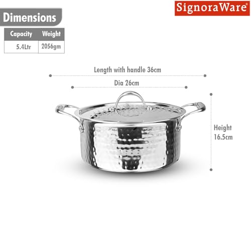 Image of Signoraware Artista Tri Ply Stainless Steel Hammered Stewpot 24cm with Lid | Induction & Gas Compatible | Durable | Perfect for Boiling Vegetables or Pasta | Ideal for Cooking Soups & Stews (Steel)