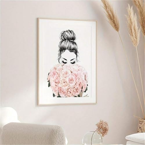Décoration murale couloir salon tableau femme fleurs 70x100