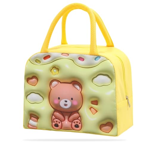Image of Kraptick Compact & Stylish Design Printed Tiffin Bag for Children Insulated Lunch Bag for Kids Perfect Leakproof Keeps Hot and Cold Lunch Bag for School (Yellow Brown Bear)