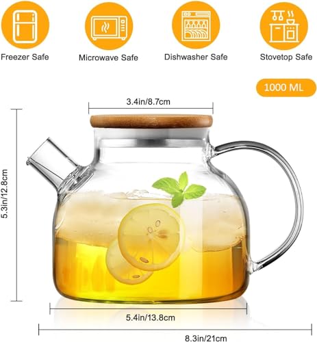 Image of Glass Tea Pot Kettles Stovetop Safe, 1000ml Heatproof Borosilicate Glass Teapot Water Pitcher with Bamboo Lid and Removable Filter Spout for Loose Leaf and Blooming Tea 1 Pcs
