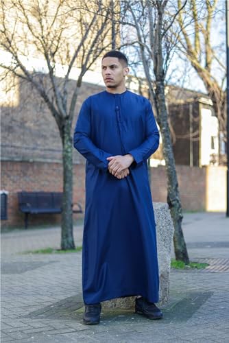Men's Thobe Jubba Islamic Clothing Muslim Kaftan Emirati Omani Satin Robe|Navy2