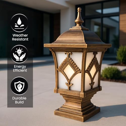 Image of GIGAWATTS BARFI Outdoor Gate Light - 101% Rust & Waterproof Die-Casting Aluminium Exterior Pillar Lamp Base Mount for Garden, Boundary Walls & Home Entrances (B22 Holder, Bulb Not Included, Gold)
