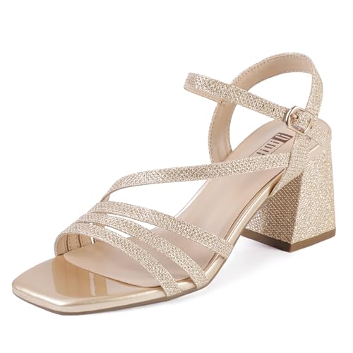 IDIFU IN3 Strappy Heels for Women Chunky Block Heels Square Toe Low Heels Wedding Prom Bride Bridal Party Dress Shoes for Women Comfortable Dressy Cute Trendy Heeled Sandals Short Thick Slingback Heels