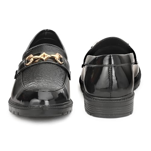 Image of Men's Black Leather Loafers with Golden Buckle - Elegant Slip-On Dress Shoes with Textured Upper & Comfort Sole for Formal & Casual Wear