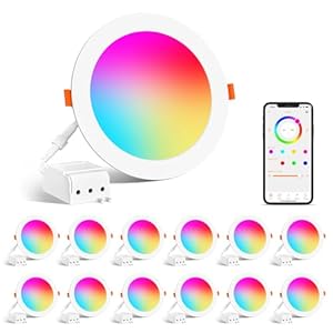 Smart Recessed Lighting 4 Inch Color Changing 12W LED Downlight,1000 Lumen Recessed Ceiling Light Compatible with Alexa,RGB & Cool White 5000K Dimmable by Bluetooth Control -12Pack