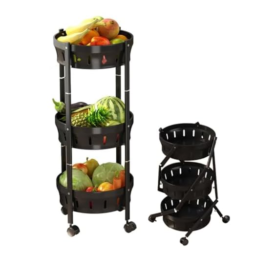 Mgchowue Carro de Almacenamiento, 3 Niveles Metal Carrito Rodante con Cestas y Ruedas Bloqueables, Redondo Verduras Frutas Giratorio Estante de Almacenamiento (Color : Schwarz)
