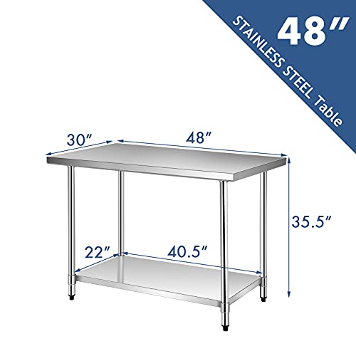 Waterjoy 48\" x 30\" Stainless Steel Table with Adjustable Shelf for Prep & Workstations Commercial Heavy Duty worktables