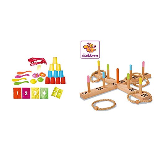 Knorrtoys 56000 - Party Set - Fun 32teilig, Sackhüpfen, Eierlaufen, Dosenwerfen & Eichhorn 100004505 - Outdoor Ringwurfspiel - 50x50cm mit 5 Wurfringen, 1 Kreuz, 9 Spielstäben, aus Kiefernholz