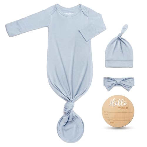 Image of Hello World Newborn Outfit Knotted Gown 0-3 Months, Baby Girl Boy Coming Home Sleeper with Sign