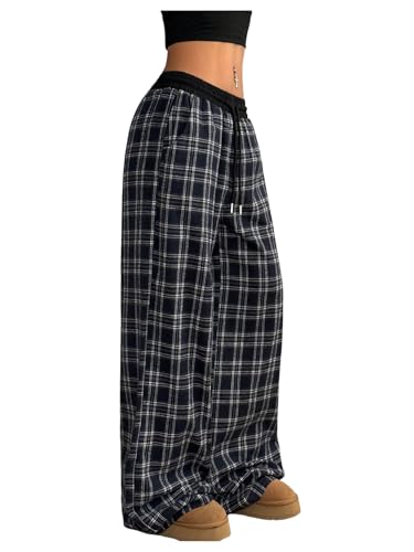 SOLY HUX Women's Plaid Checkered Pants Wide Leg Baggy Flannel Pajama Pants Cute Lounge Elastic Trousers with Pockets3