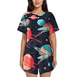 Cpaqasg Conjunto de pijama de manga corta para mujer con estampado de planetas espaciales, cómodo, verano, primavera, hogar, viajes, Negro, 4XL