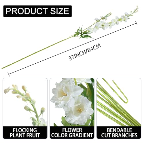 5pcs White Delphinium Artificial Flowers, 33" Silk Larkspur Faux Flower with Long Stem Fake Bouquet for Tall Floor Vase Kitchen Home Indoor Hyacinth Floral Plant Centerpiece Decor