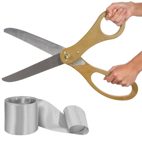 Big Grand Opening Kit - 20 Inch Large Gold Scissors for Grand Opening Ceremonies and Silver Satin Ribbon For Business Inaugurations and Special Events