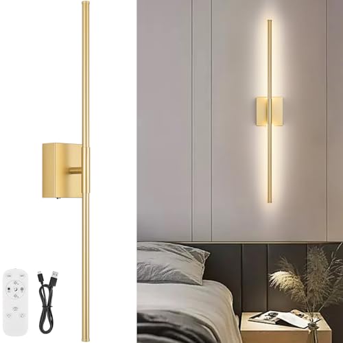 Image of Battery Operated Wall Sconce, 3000K-6000K Dimmable Gold Wall Lights with Remote Control, Timable LED Wireless Wall Sconces, 350 Ratate for Bathroom, Living Room, Hallway 29.1 Inch 1 Pack