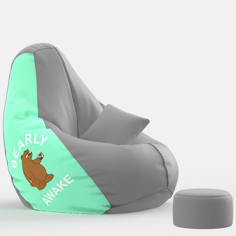 Image of Biggie Bean Faux Leather Bag with Beans Filled XXXL Bean Bag with Free Cushion Footrest - Official : Printpuff Combo (Matching Color : Printed, Bearly Awake - Light Grey Peach)
