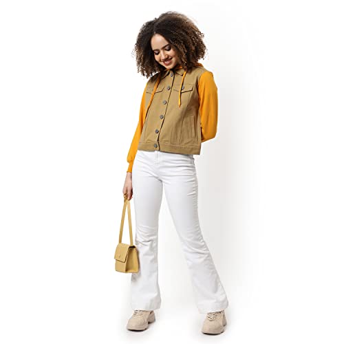 Image of Campus Sutra Women Beige & Yellow Regular Fit Denim Jacket For Winter Wear | Collared Neck | Full Sleeve | Buttoned | Casual Jacket For Woman & Girl | Western Stylish Jacket For Women