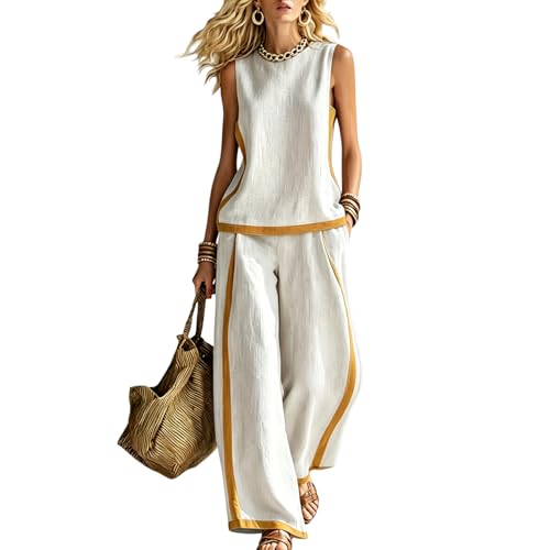 Image of Coord Sets for Women UK Lounge Suit 2026 Airport Outfit Co Ord Sets for Women Cotton Linen Two Piece Set Elegant Sleeveless Top and Wide Leg Pant with Pockets Lounge Wear UK Holiday White