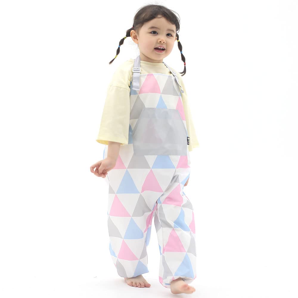 Kids Art Smock Dungaree Style, Lightweight Waterproof Painting Apron with Adjustable String, Quick-Dry Messy Play Overall for Boys Girls School Crafts, Pink Triangle (44-L)