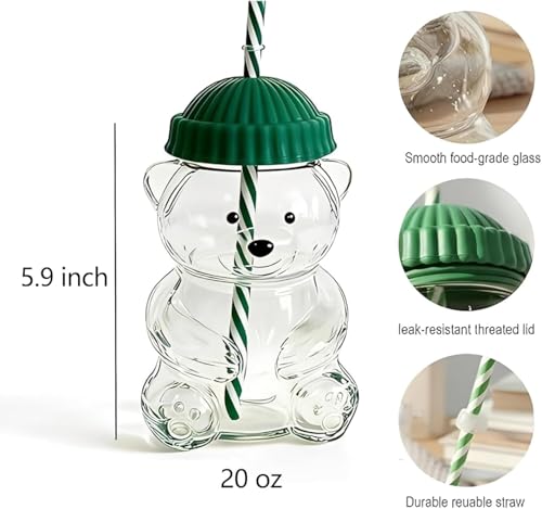 Image of Hogg Texello 2026 New Glass Bear Cup Bear Straw Cup, 20oz Cute Bears Glass Tumbler with Reusable Straw - Cute Animal Mug for Hot and Cold Drinks, Smoothies, Water, Juice, Travel & Gifts (Green)