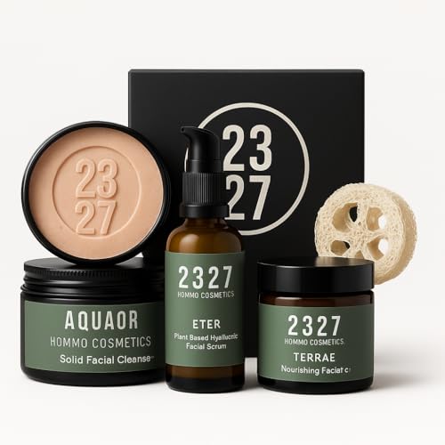 Pack Elementvm 2327, Alta Cosmética Masculina 100% Natural, orgánica y vegana, Limpiador facial sólido,Sérum Vegetal facial con ácido Hialurónico, Crema facial nutritiva, Cuidado antiedad para hombre