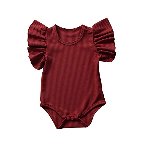 iddolaka Newborn Infant Baby Girl Solid Ruffle Romper Bodysuit Jumpsuit Casual Clothes One Piece Outfit (Wine Red, 3-6M)