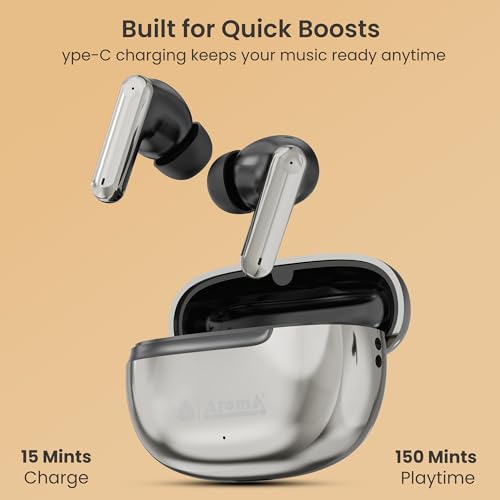 Image of AROMA TWS3 Vibe V5.4 True Wireless Earbuds - up to 60H Playtime | ENC | Fast Charging | Heavy Bass | Bluetooth | Midnight Gold
