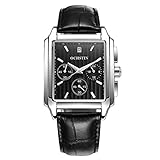 Herren Silber Rechteck Gehäuse Quarzuhr mit schwarzem Lederarmband, hat drei Hilfszifferblätter des zweiten Timings, Minutentiming, 24-Stunden-Anzeige