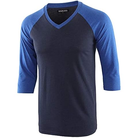 DESPLATO Men's Casual Cool 3/4 Sleeve V Neck Active Baseball Sports Running Hiking Gym T Shirts Navy Blue/Heather Blue XXL Cover