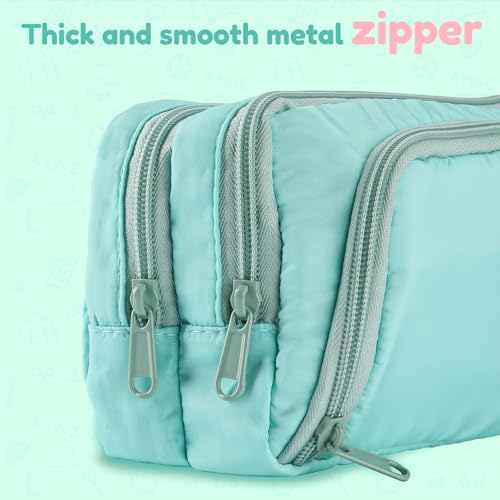 Euqvunn Pencil Case, Large Capacity Pen Case with 3 Compartments, Stationery Pouch for School & Office Supplies, Cyan - Image 3