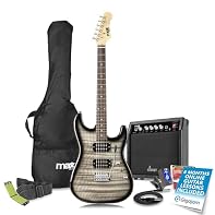 A comprehensive guitar kit, featuring a quilt top electric guitar, 40W amplifier, and essential accessories. The microfibre string cleaner ensures that strings stay bright and responsive. Modern tremolo, die-cast tuners, and a gloss black finish prov...