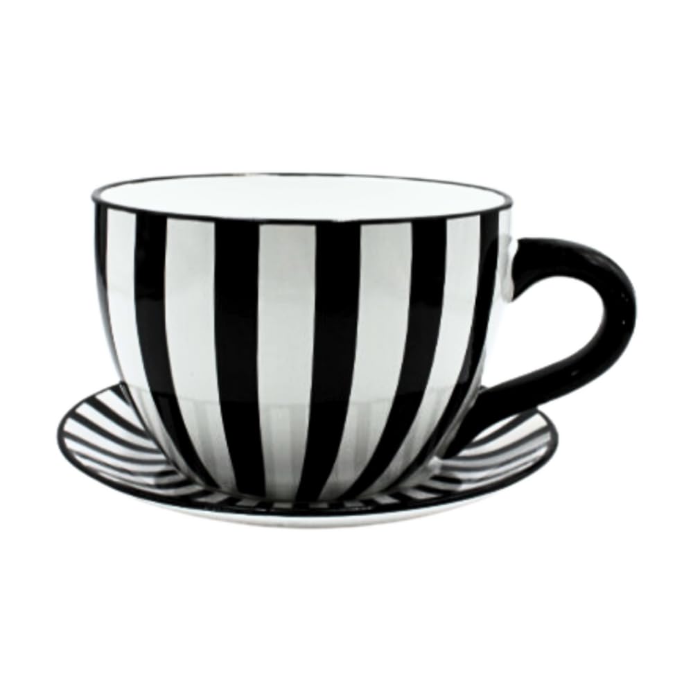 Dekohelden24 Flower Pot, Plant Cup, Planter, Planter, Flower Pot, Planter with Ceramic Handle, Black and White Stripes, L/W/H 25 x 23 x 14 cm