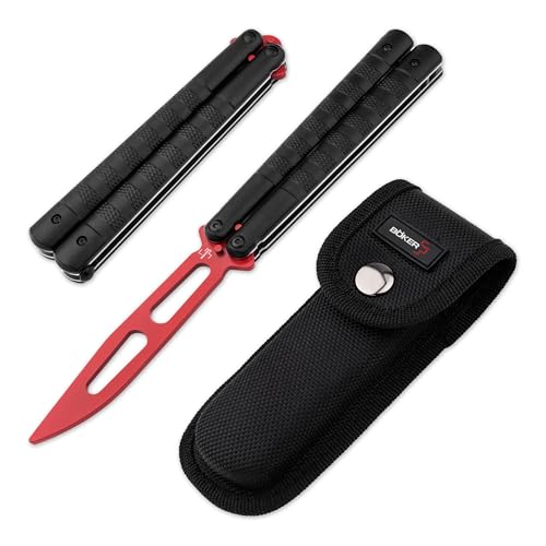 Böker PLUS Relack Trainer legales Balisong Trainingsmesser mit schwarzem Alu-Griff - Übungs-Messer mit roter Dummy Klinge ungeschärft - hochwertiges Butterfly Trainer Messer