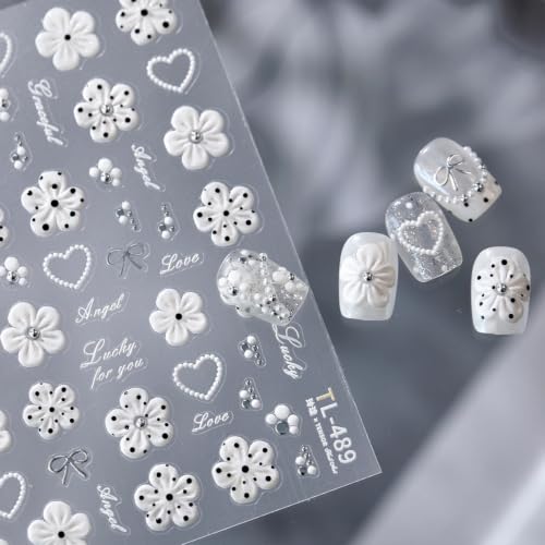 Image of White Flower Nail Stickers 5D Embossed Nail Stickers Decals | with Polka Dot Design Self Adheive Nails Art Supplies Charms for Women Manicure DIY Decoration