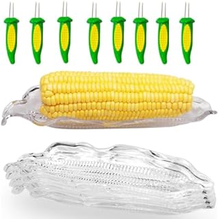 4 Pcs Corn Trays and 8 Pcs Corn Cob Holders Set,Corn Cob Holders and Dish Set Dish Stainless Steel Skewer Needle BBQ Tool and Plastic Corn Tray