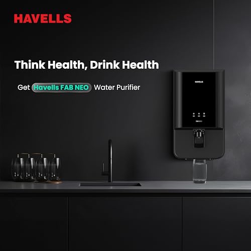 Image of Havells FAB NEO Water Purifier, RO + UF Purification, Vital Magnesium Enriched, 4-stages, 7L Storage, Ideal for Borewell, Tanker & Municipal Water, Significant water savings, BIS Approved, Black