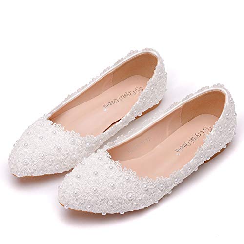 Comfortable Women Flats Handmade White Lace Bridal Ballet Flats Closed Toe Shoes Bride Wedding Shoes2