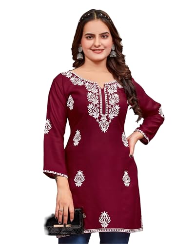 Image of Women's Rayon Chikankari Embroidered Short Kurti | Lucknowi Work Kurta