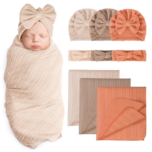 Image of AQOKKA Baby Swaddle Blankets with Bow Hat Headband Set Wheat-Pattern Infant Receiving Blankets Swaddles for Newborns Unisex Toddler Swaddle Wrap Sets for Baby Girls Boys Nursery Warm Shower Gift