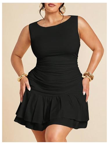 Women's Plus Size Y2k Ruched Mini Dress Pleated Ruffle Tank Dresses Sleeveless Layered Going Out Sundress3