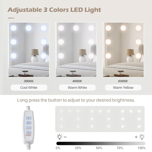 TUKAILAi Dressing Table with Hollywood LED Lights, Vanity Table with Mirror and Stool, Make up Desk Set Makeup Dressing Table with 5 Drawers for Girls Bedroom Furniture