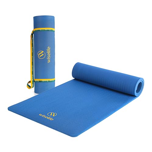 Image of WiseLife Classic Eco-TPE 8 MM Yoga Mat with Yoga Strap for Men & Women | Extra Thick, Long & Wide Non-Slip, Anti-Tear Exercise Mat for Home, Gym, Workout, Fitness, Yoga & Pilates (Blue)
