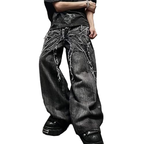 Mens Streetwear Hip Hop Baggy Jeans Wide Leg Grunge Jeans Y2K Distressed Jnco Loose Fit Denim Pants