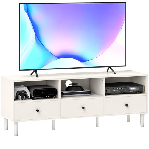 HOMCOM Mueble de TV Moderno Mueble de TV para Salón con 3 Compartimentos Abiertos 3 Cajones y Orificio para Cables para Televisión de 45/55/65 Pulgadas 120x34x45 cm Blanco