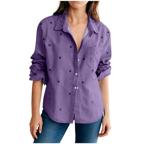 Heart Print Blouses for Women Roll Up Long Sleeve V Neck Collared Shirts Cotton Linen Fashion Dressy Tops Purple