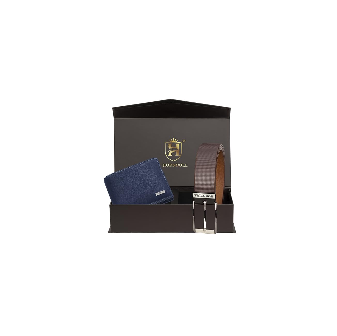 HORNBULL Men's Navy Wallet and Brown Belt Combo - Gift Set for Men BW45119