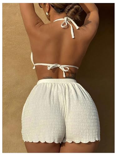 SOLY HUX Women's 3 Piece Bikini Sets Frill Trim Halter Swimsuit Backless Textured Bathing Suit with Shorts2